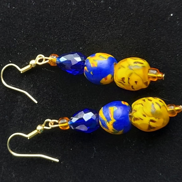 Handmade Bead Earrings - Cobalt Blue, Fused Recycled African Blue & Yellow Glass - Picture 2 of 3